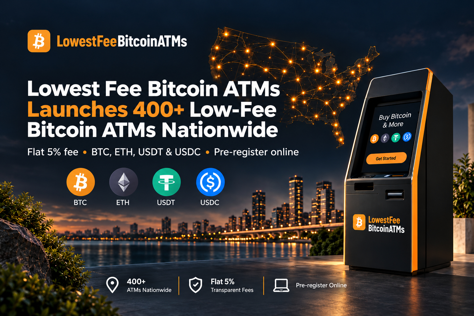 Máy ATM Bitcoin có mức phí thấp nhất thông báo ra mắt hơn 400 máy ATM trên toàn quốc